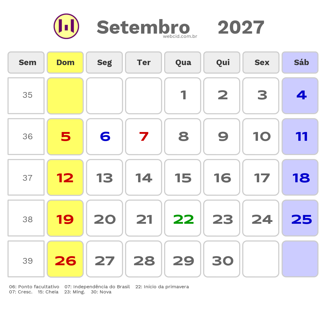 Calendário 2027 - Setembro - Jumirim-SP com feriados e fases da lua