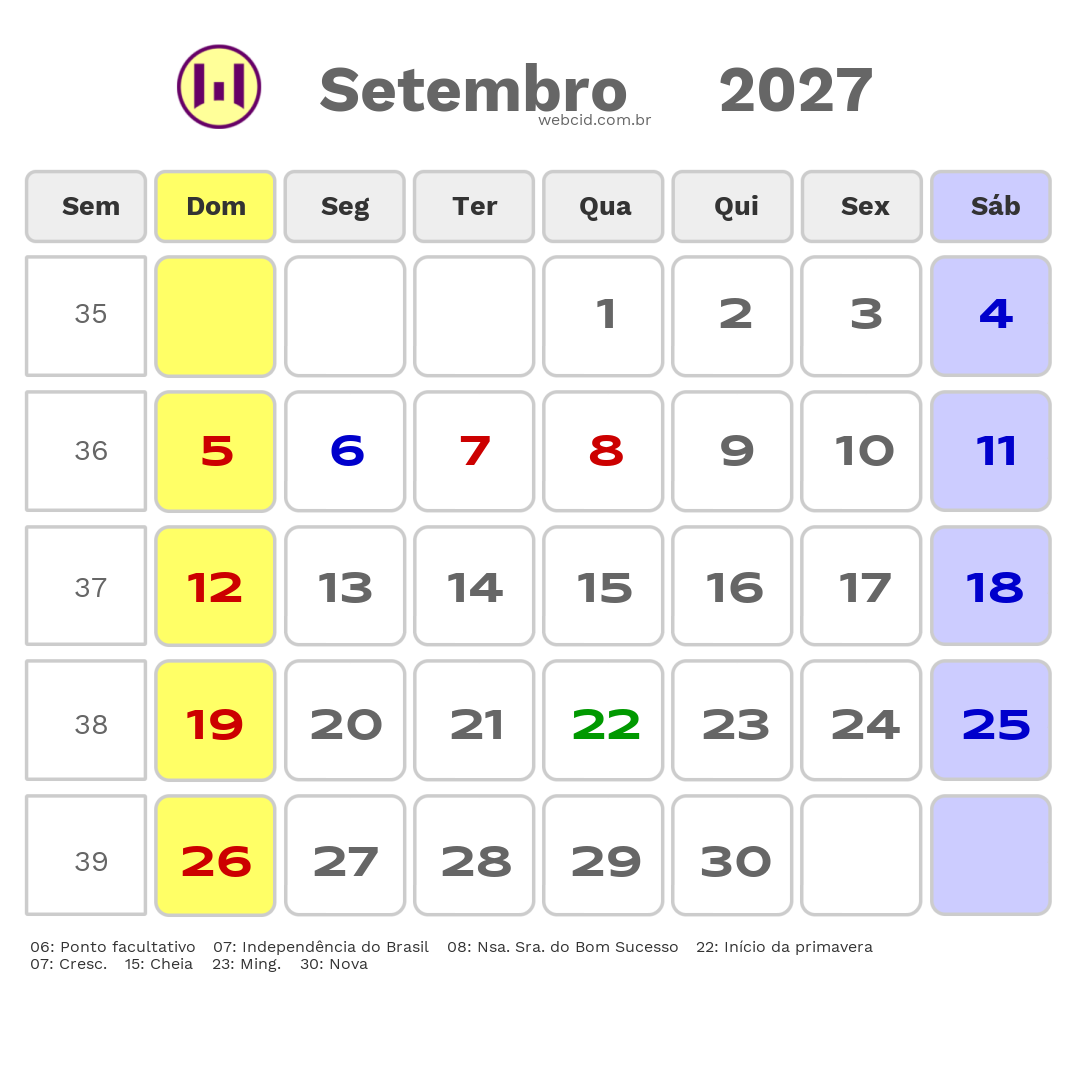 Calendário 2027 - Setembro - Pindamonhangaba-SP com feriados e fases da lua
