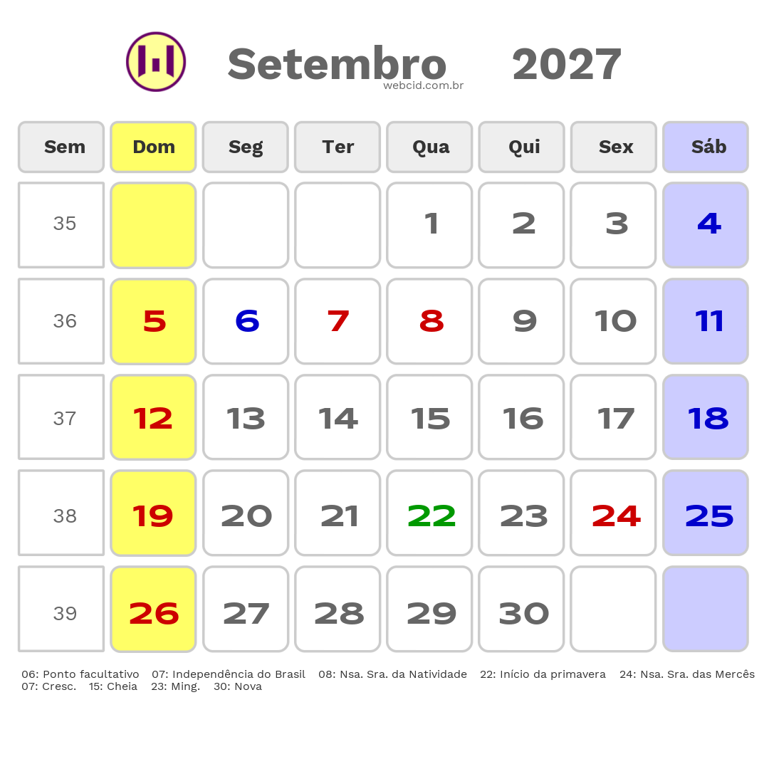 Calendário 2027 - Setembro - Porto Nacional-TO com feriados e fases da lua