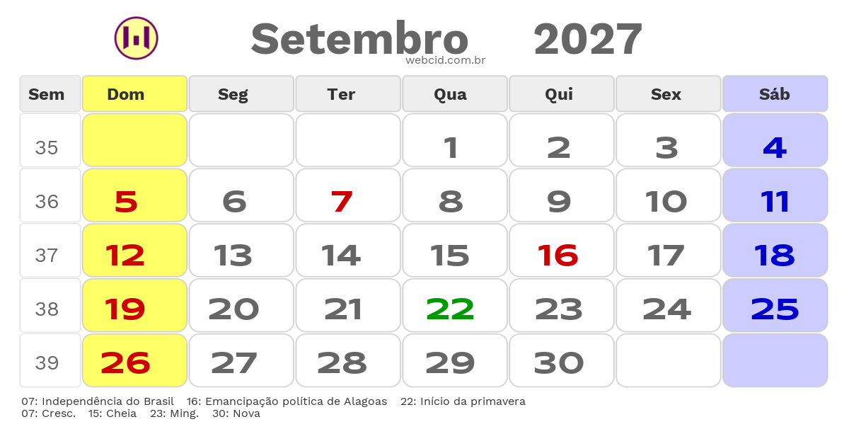 Calendário 2027 - Setembro - Alagoas com feriados e fases da lua