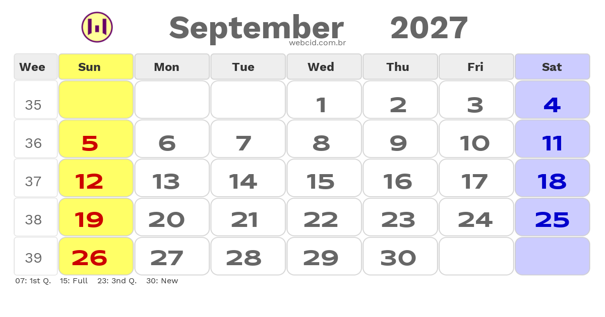 Calendar 2027 - September - Austrália com feriados e fases da lua