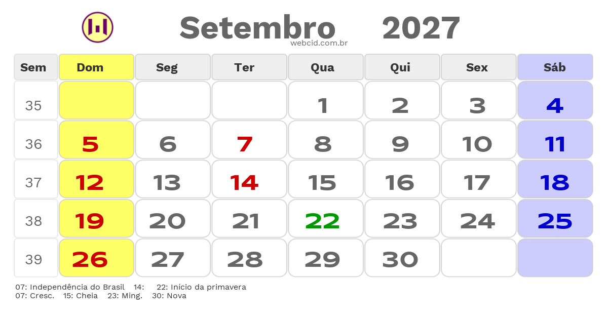 Calendário 2027 - Setembro - Guaiuba-CE com feriados e fases da lua