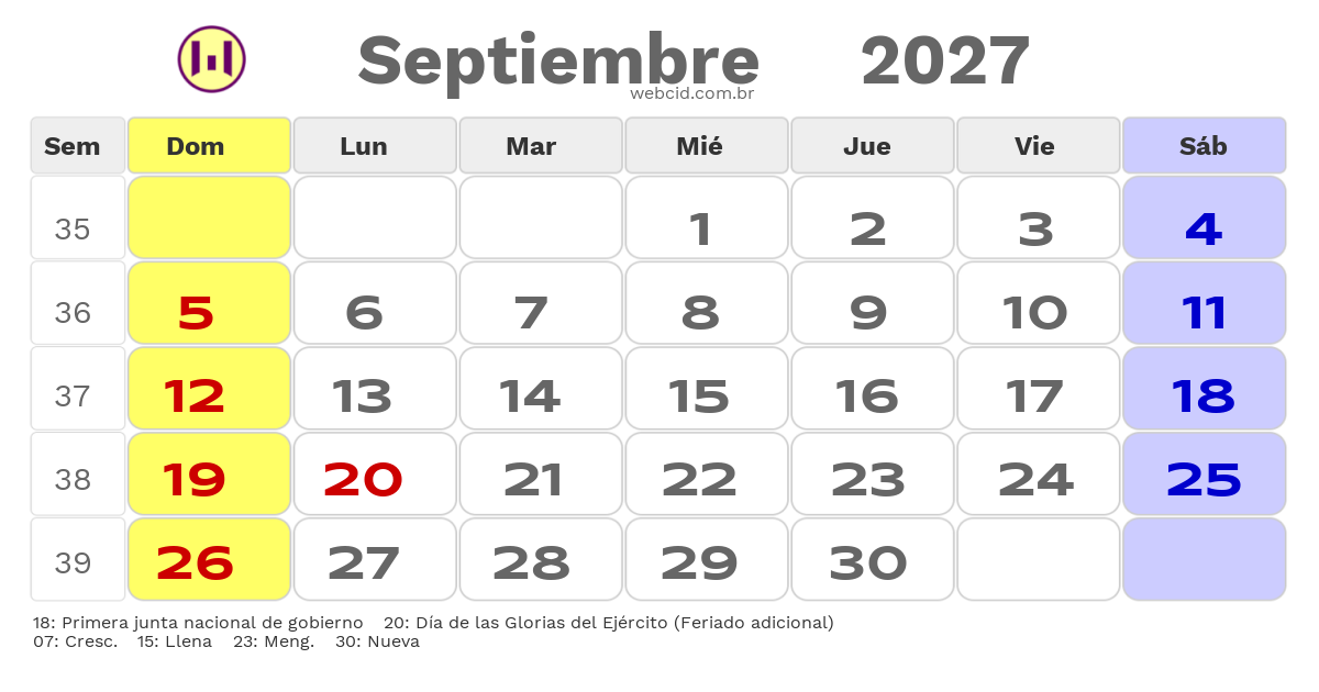 Calendario 2027 - Septiembre - Chile com feriados e fases da lua