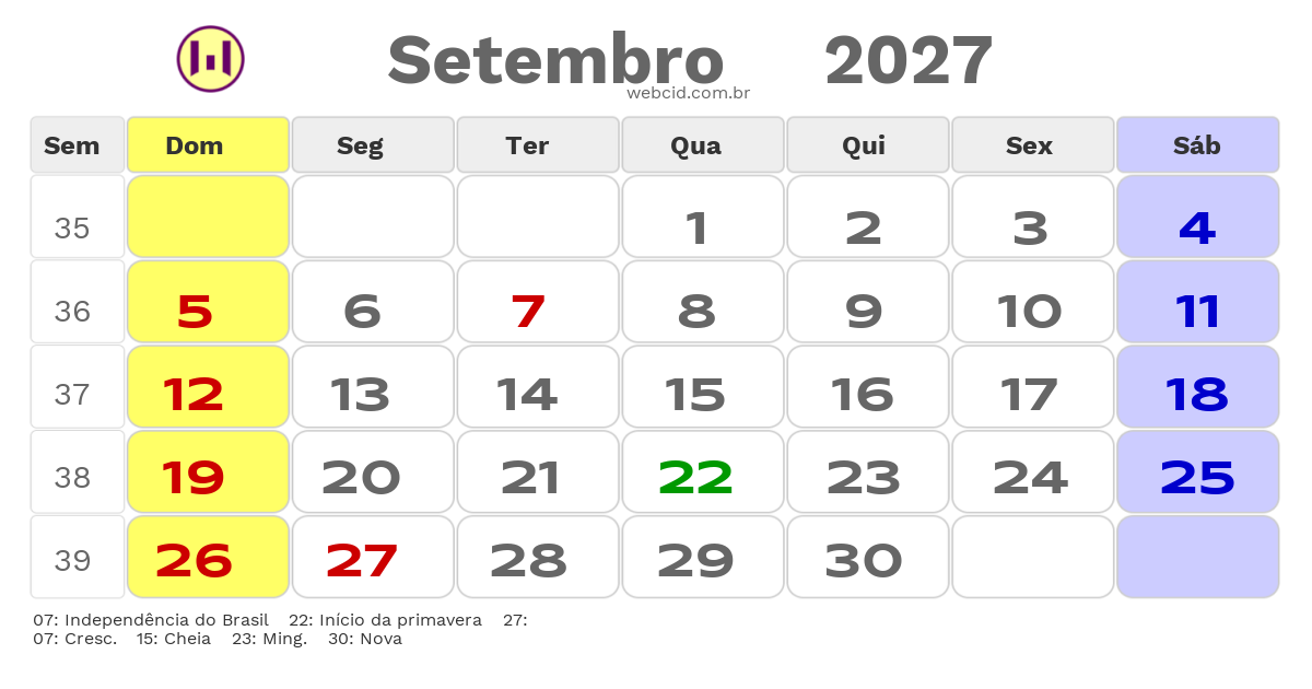 Calendário 2027 - Setembro - Goianesia-GO com feriados e fases da lua