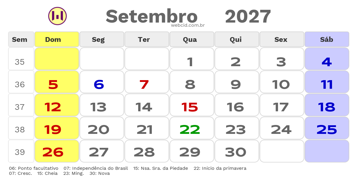 Calendário 2027 - Setembro - Barbacena-MG com feriados e fases da lua