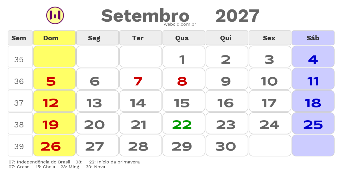 Calendário 2027 - Setembro - Sao Domingos do Capim-PA com feriados e fases da lua