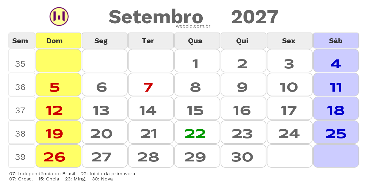 Calendário 2027 - Setembro - Jacarau-PB com feriados e fases da lua