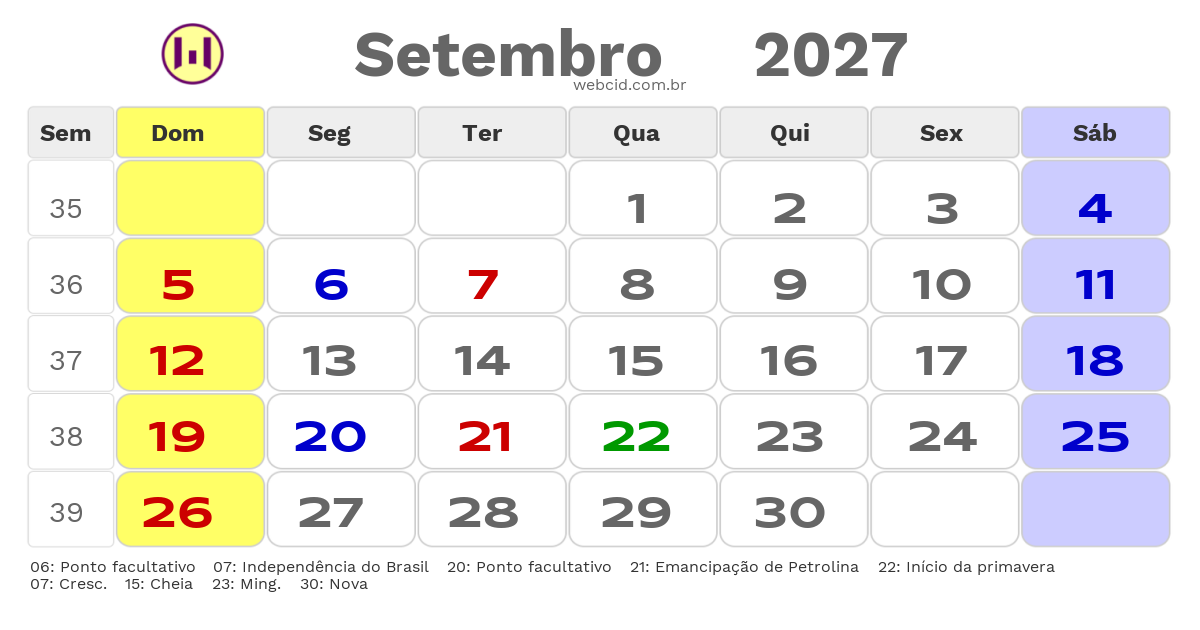 Calendário 2027 - Setembro - Petrolina-PE com feriados e fases da lua