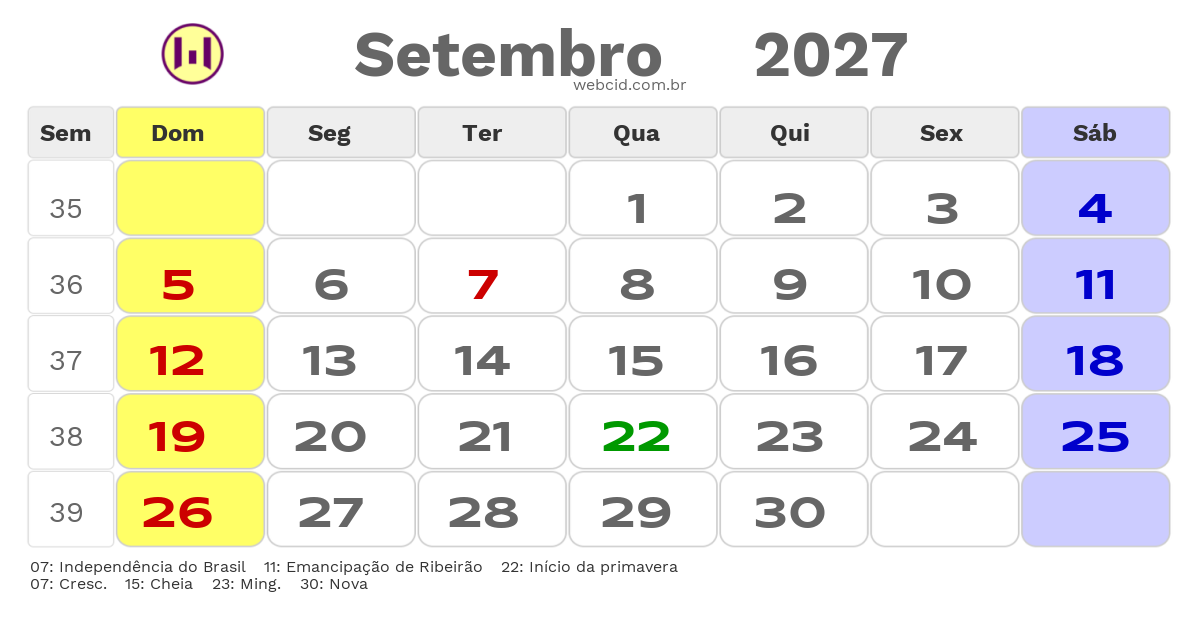 Calendário 2027 - Setembro - Ribeirão-PE com feriados e fases da lua