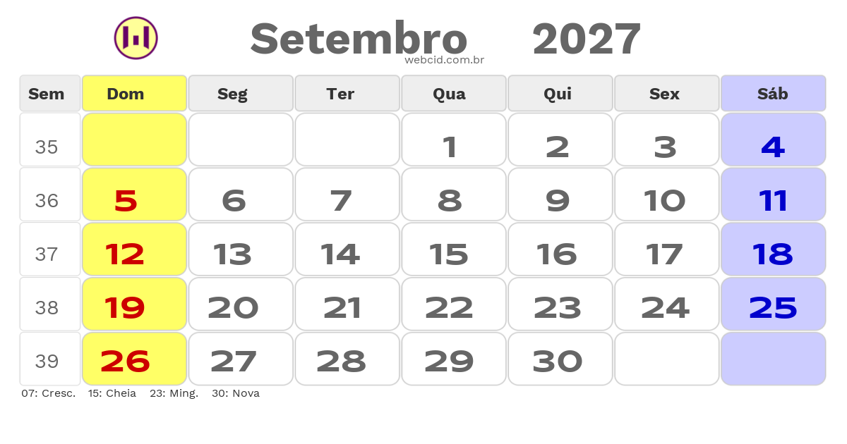 Calendário 2027 - Setembro - Portugal com feriados e fases da lua