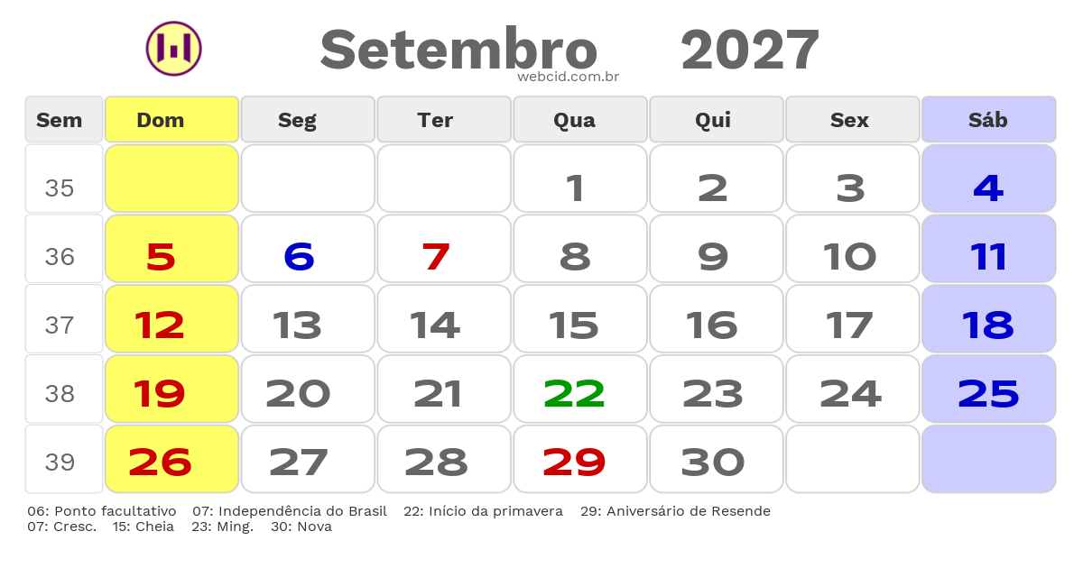 Calendário 2027 - Setembro - Resende-RJ com feriados e fases da lua