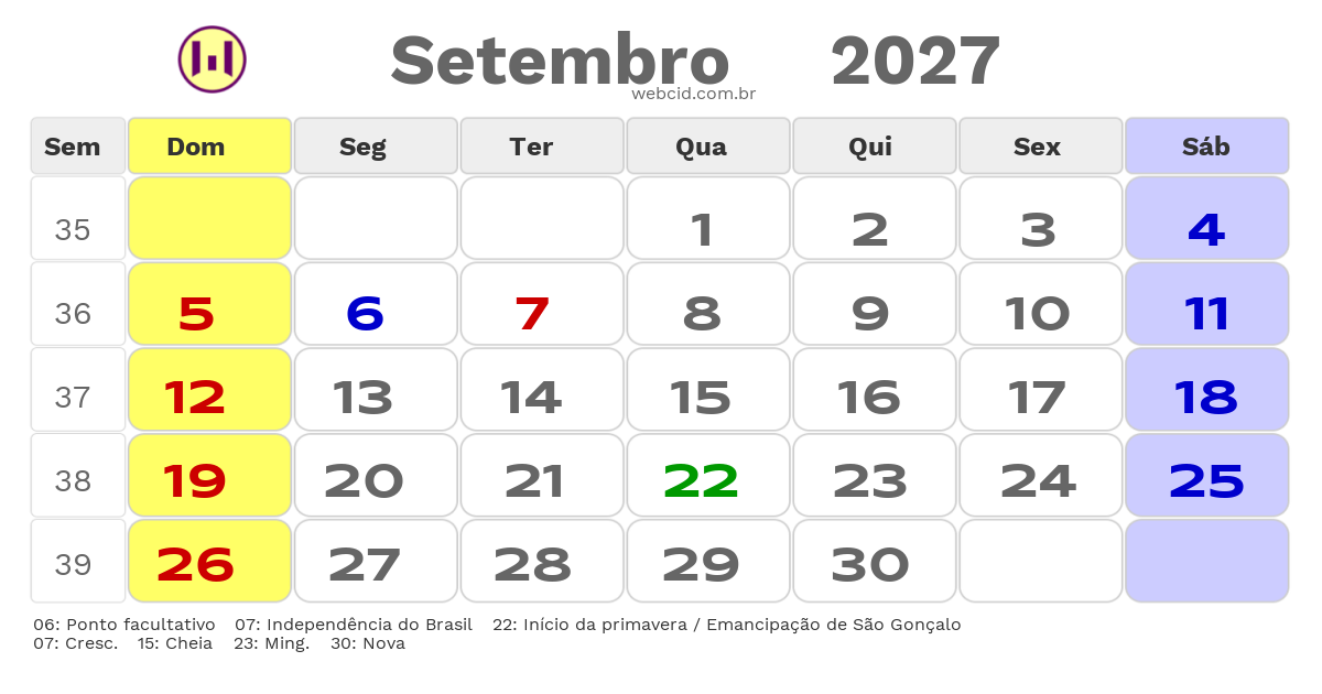 Calendário 2027 - Setembro - São Gonçalo-RJ com feriados e fases da lua