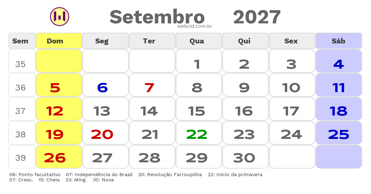 Calendário 2027 - Setembro - Caxias do Sul-RS com feriados e fases da lua