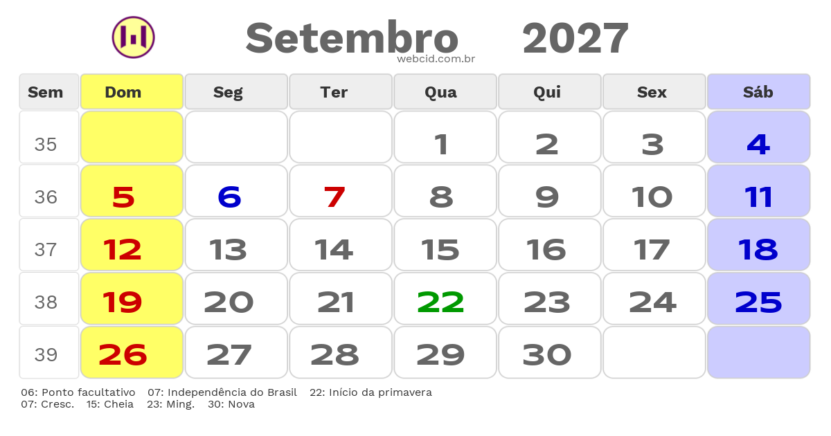 Calendário 2027 - Setembro - Pimenta Bueno-RO com feriados e fases da lua