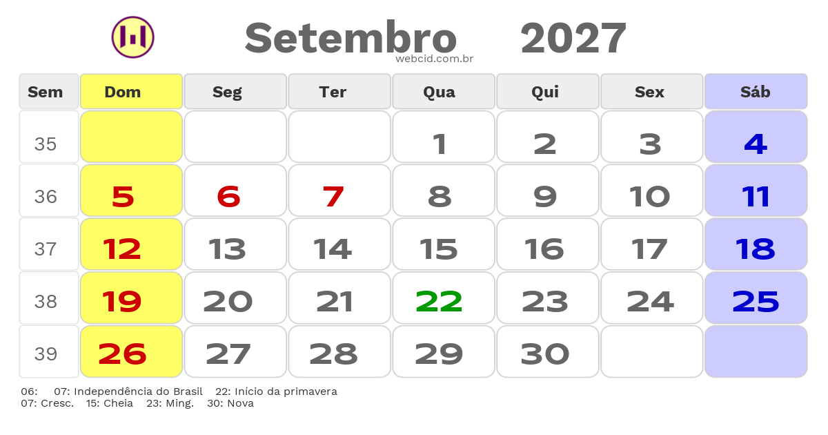 Calendário 2027 - Setembro - Balneario Rincão-SC com feriados e fases da lua