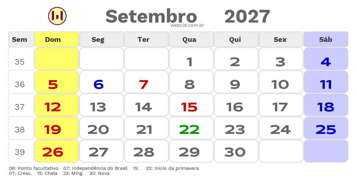 Calendário 2027 - Setembro - Jose Bonifacio-SP com feriados e fases da lua