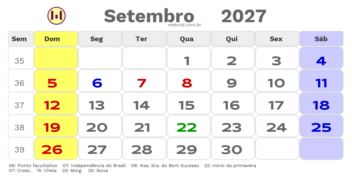 Calendário 2027 - Setembro - Pindamonhangaba-SP com feriados e fases da lua