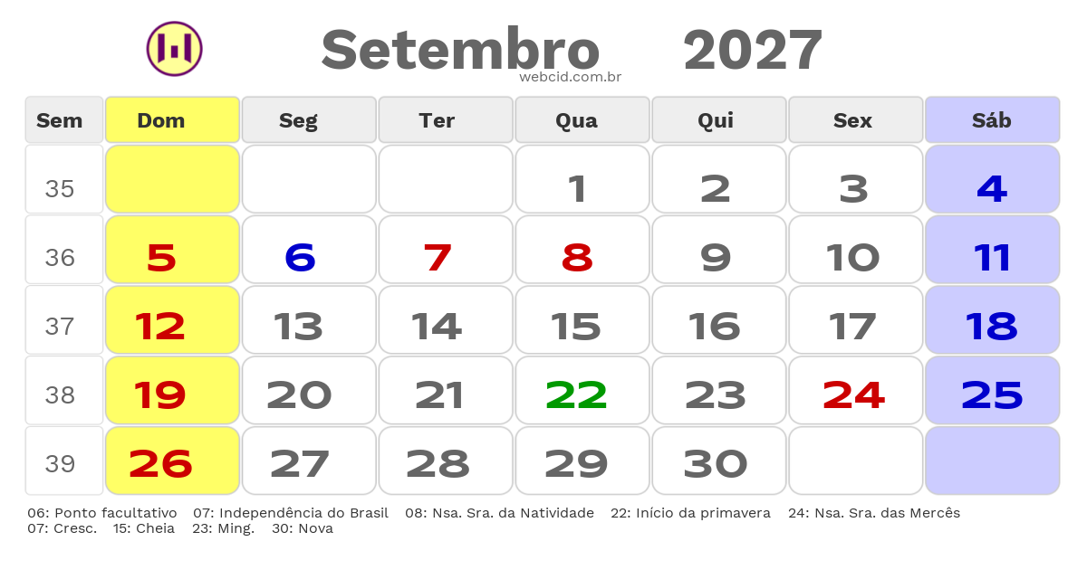Calendário 2027 - Setembro - Porto Nacional-TO com feriados e fases da lua