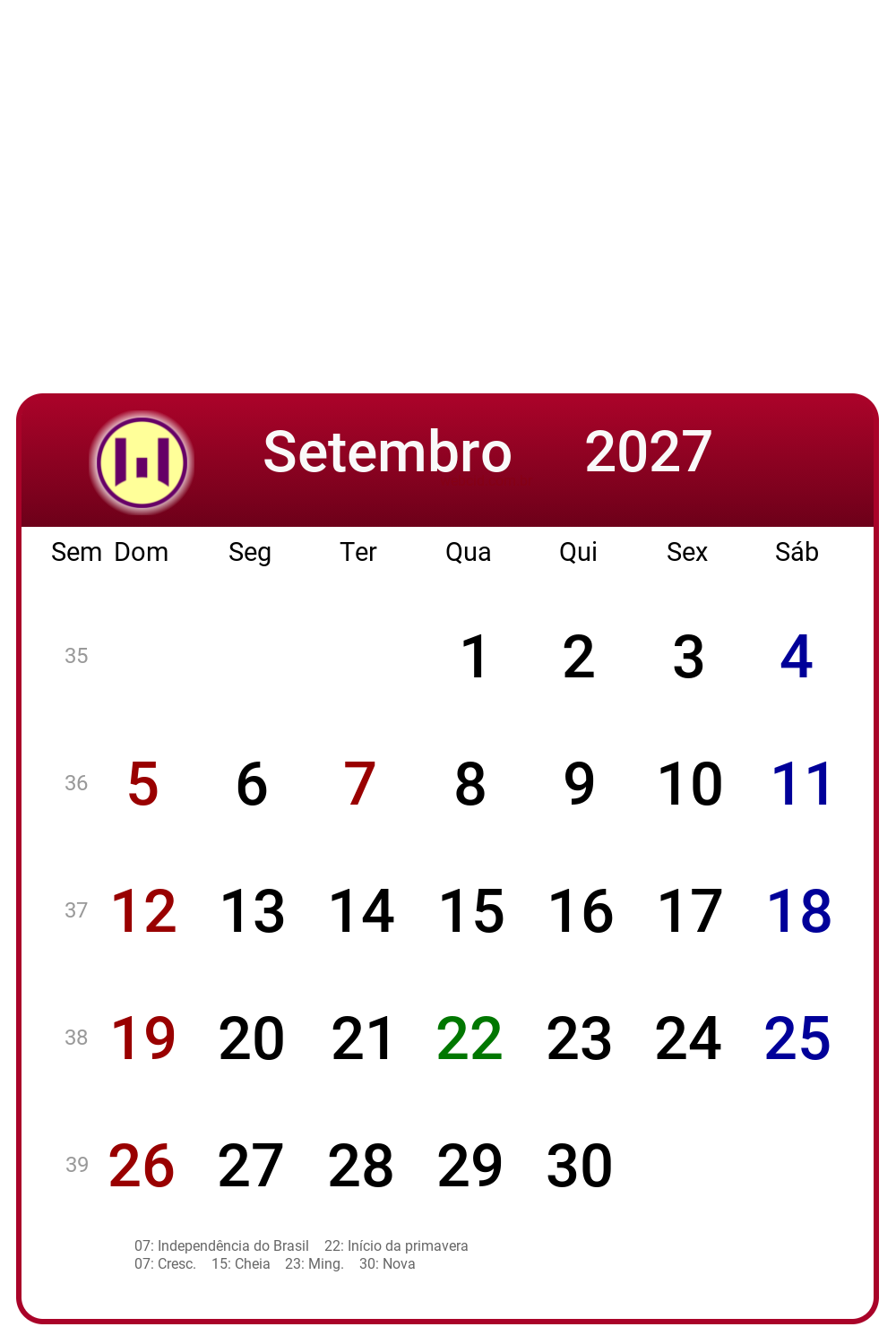 Calendário 2027 - Setembro - Brasil com feriados e fases da lua