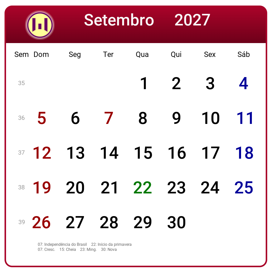 Calendário 2027 - Setembro - Brasil com feriados e fases da lua