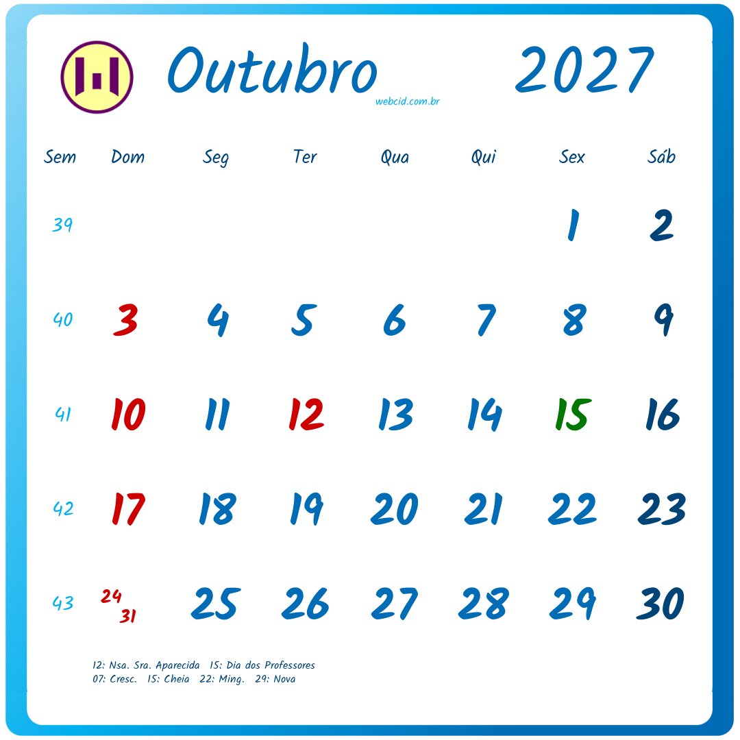 Calendário 2027 - Outubro - Brasil com feriados e fases da lua