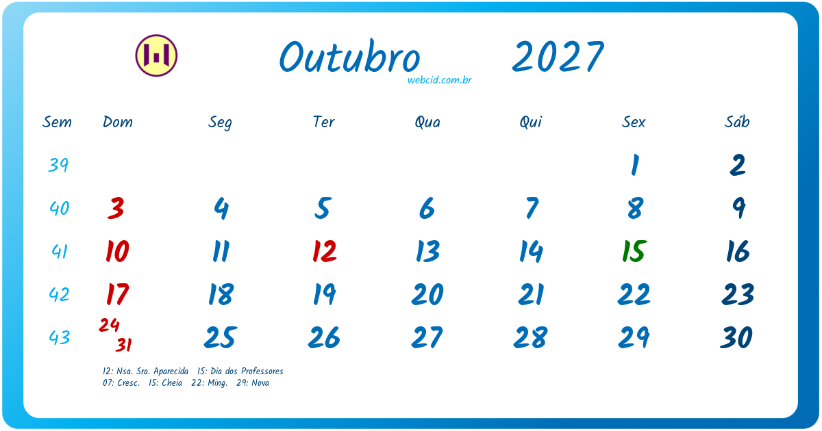 Calendário 2027 - Outubro - Brasil com feriados e fases da lua