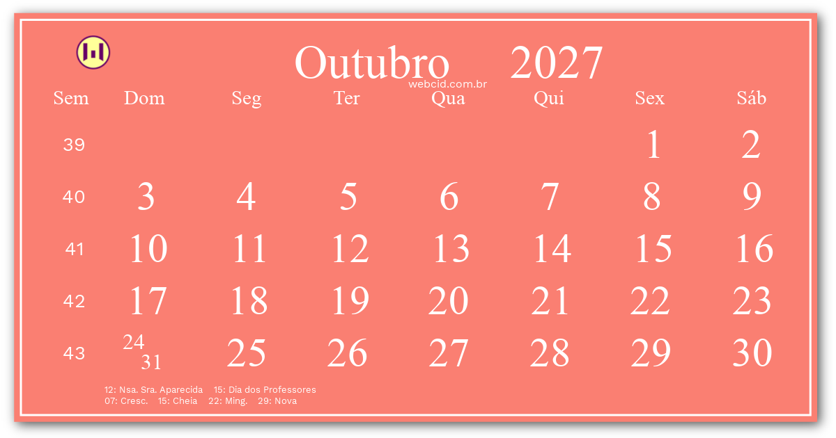 Calendário 2027 - Outubro - Brasil com feriados e fases da lua