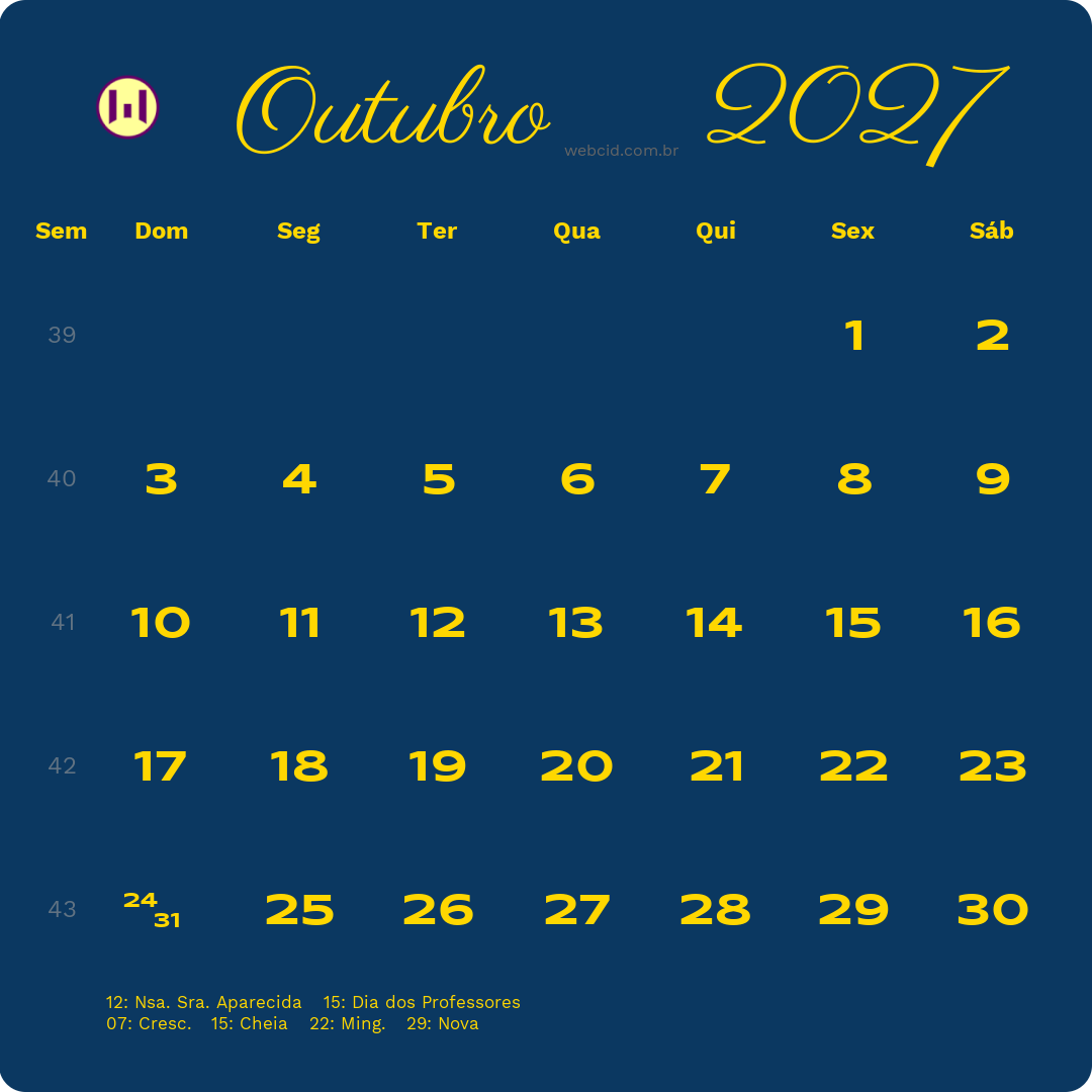 Calendário 2027 - Outubro - Brasil com feriados e fases da lua