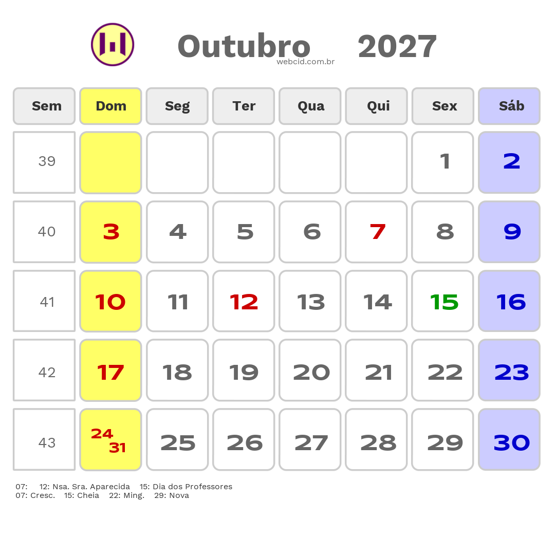 Calendário 2027 - Outubro - Penedo-AL com feriados e fases da lua