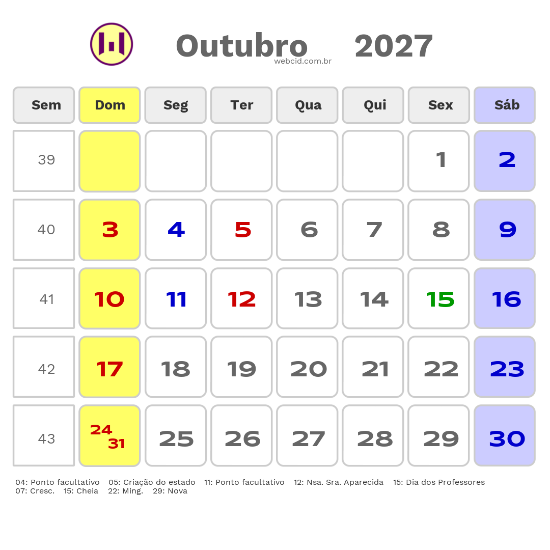 Calendário 2027 - Outubro - Macapá-AP com feriados e fases da lua