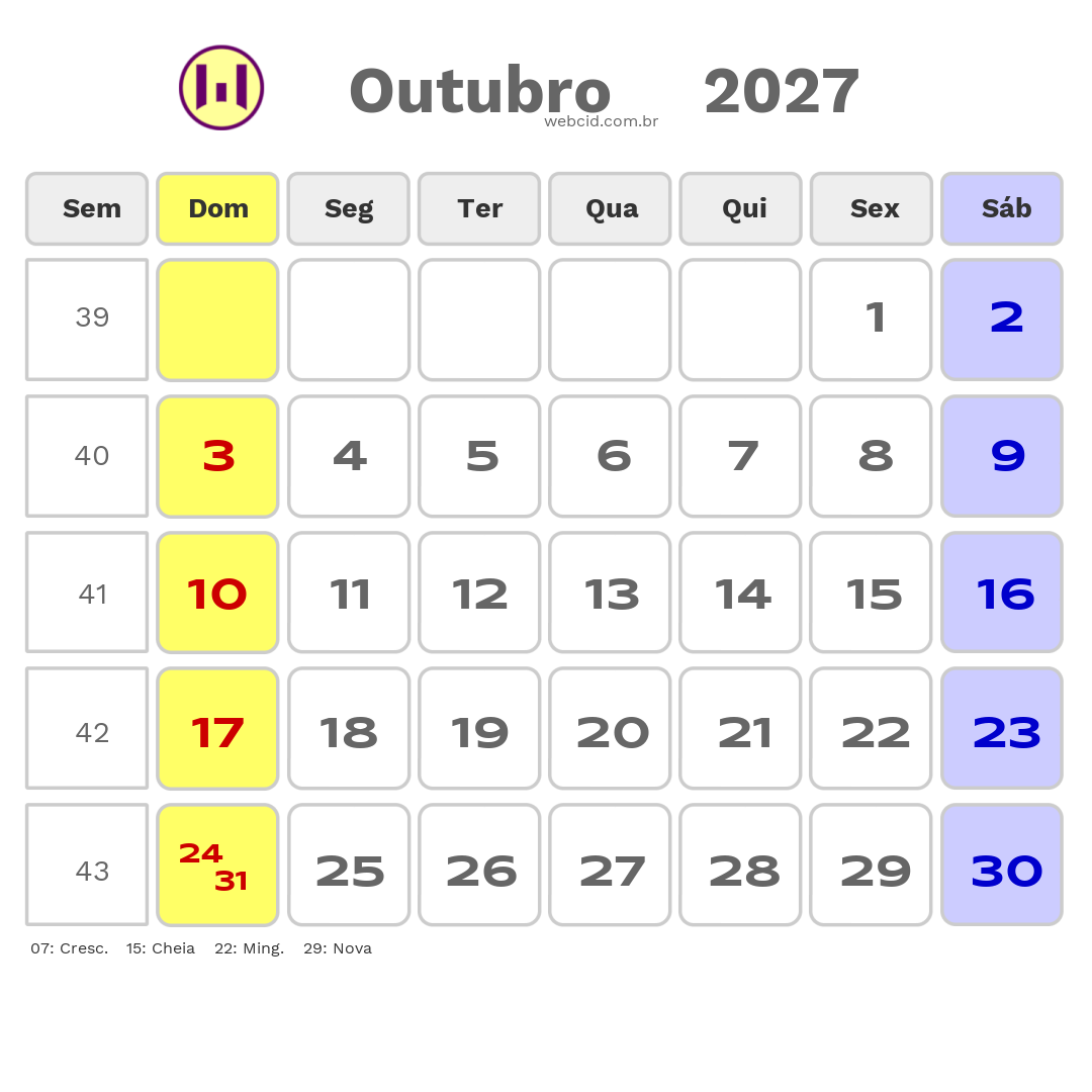 Calendário 2027 - Outubro - Angola com feriados e fases da lua