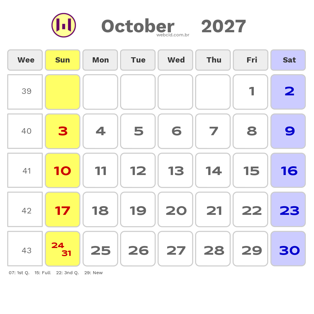 Calendar 2027 - October - Austrália com feriados e fases da lua