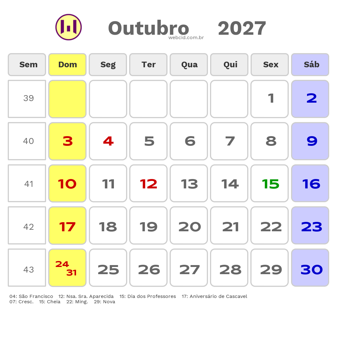 Calendário 2027 - Outubro - Cascavel-CE com feriados e fases da lua