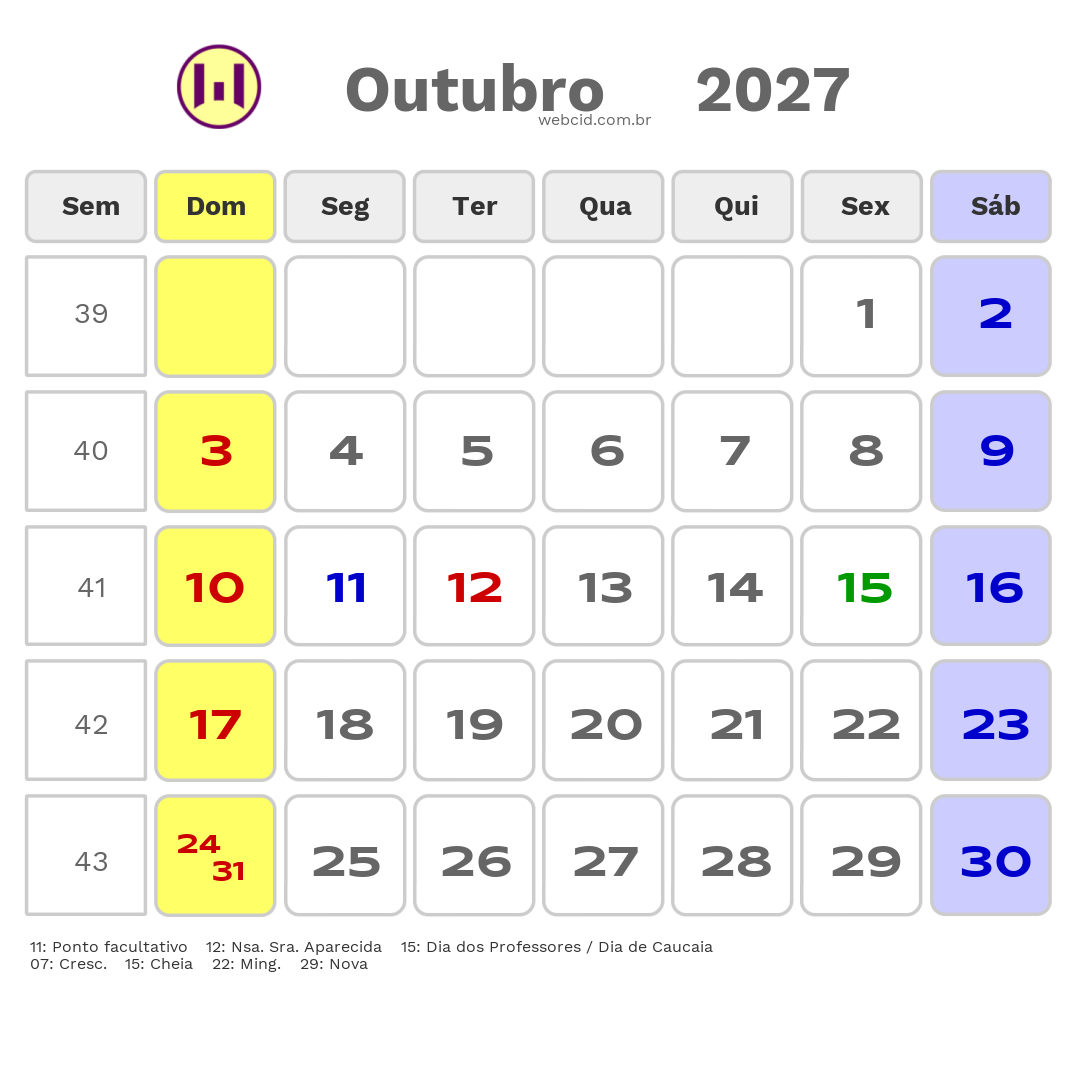 Calendário 2027 - Outubro - Caucaia-CE com feriados e fases da lua