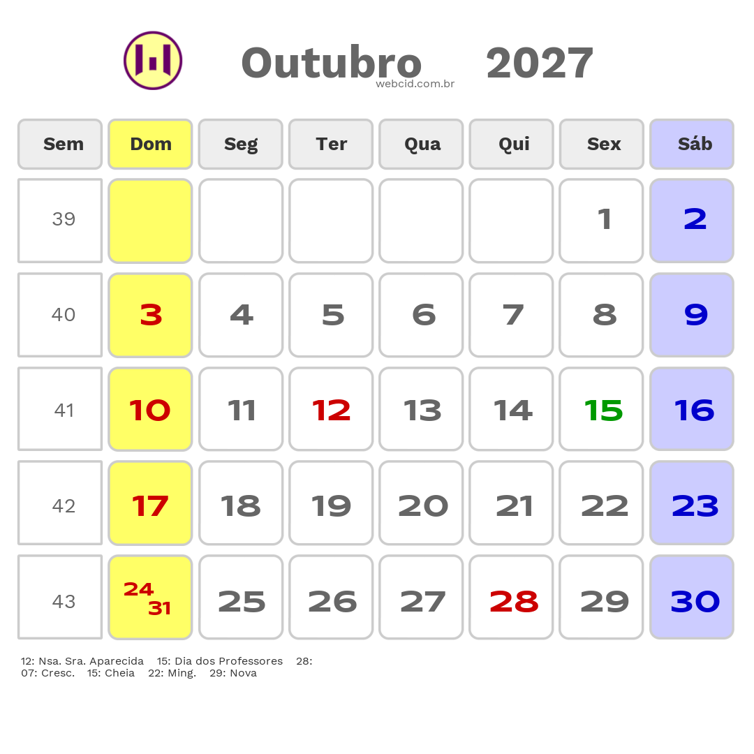 Calendário 2027 - Outubro - Pacajus-CE com feriados e fases da lua