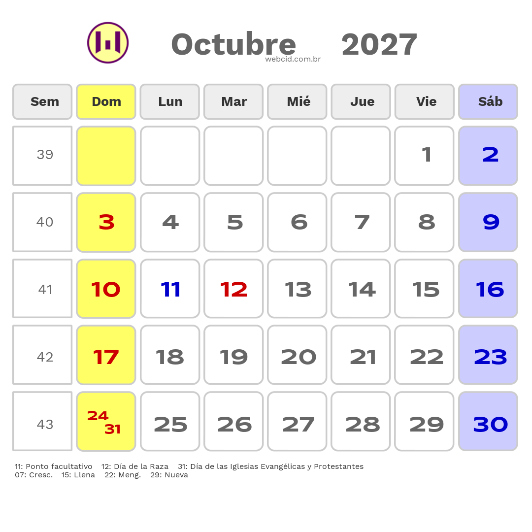 Calendario 2027 - Octubre - Chile com feriados e fases da lua