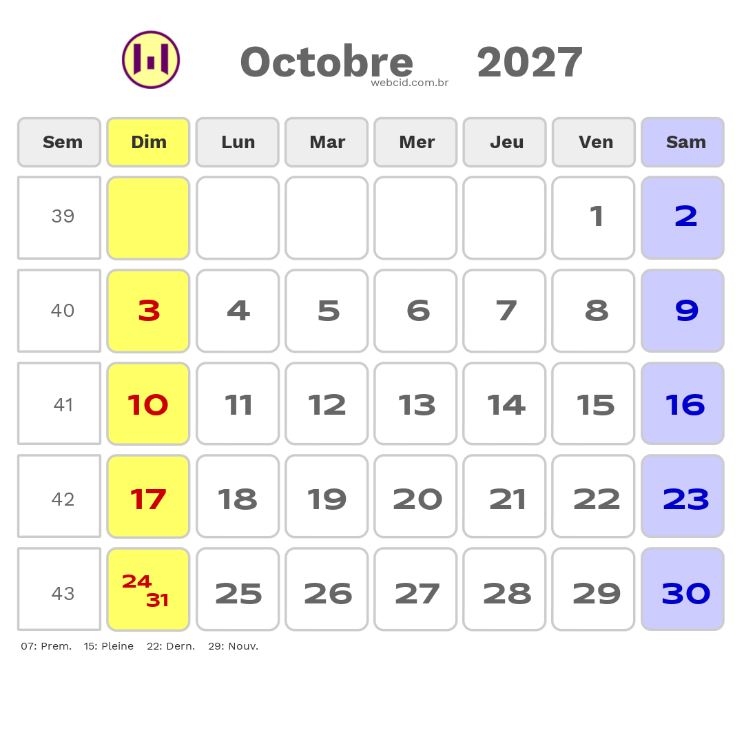 Calendrier 2027 - Octobre - La France com feriados e fases da lua