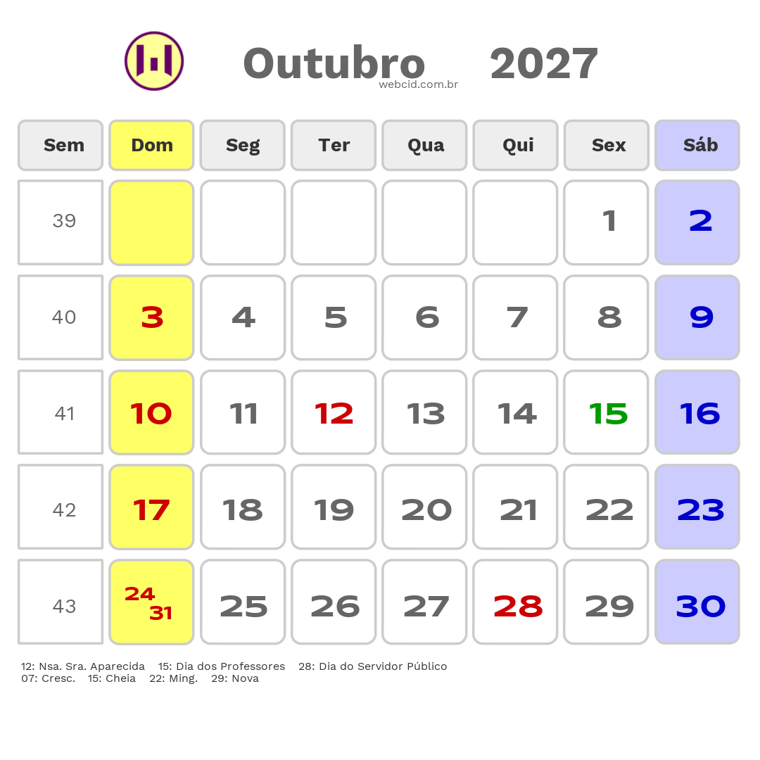 Calendário 2027 - Outubro - Aparecida de Goiânia-GO com feriados e fases da lua