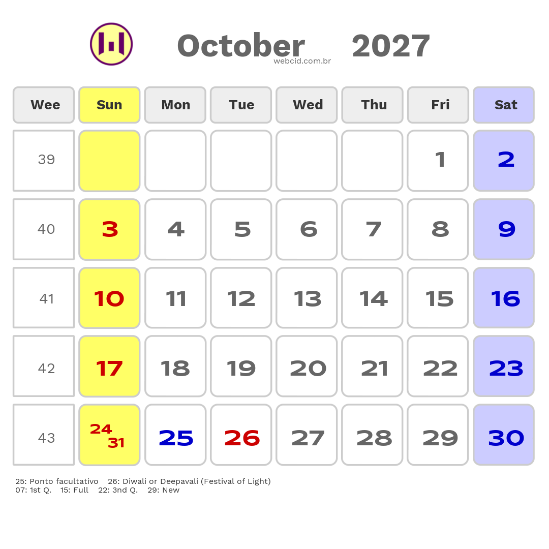 Calendar 2027 - October - Guyana com feriados e fases da lua