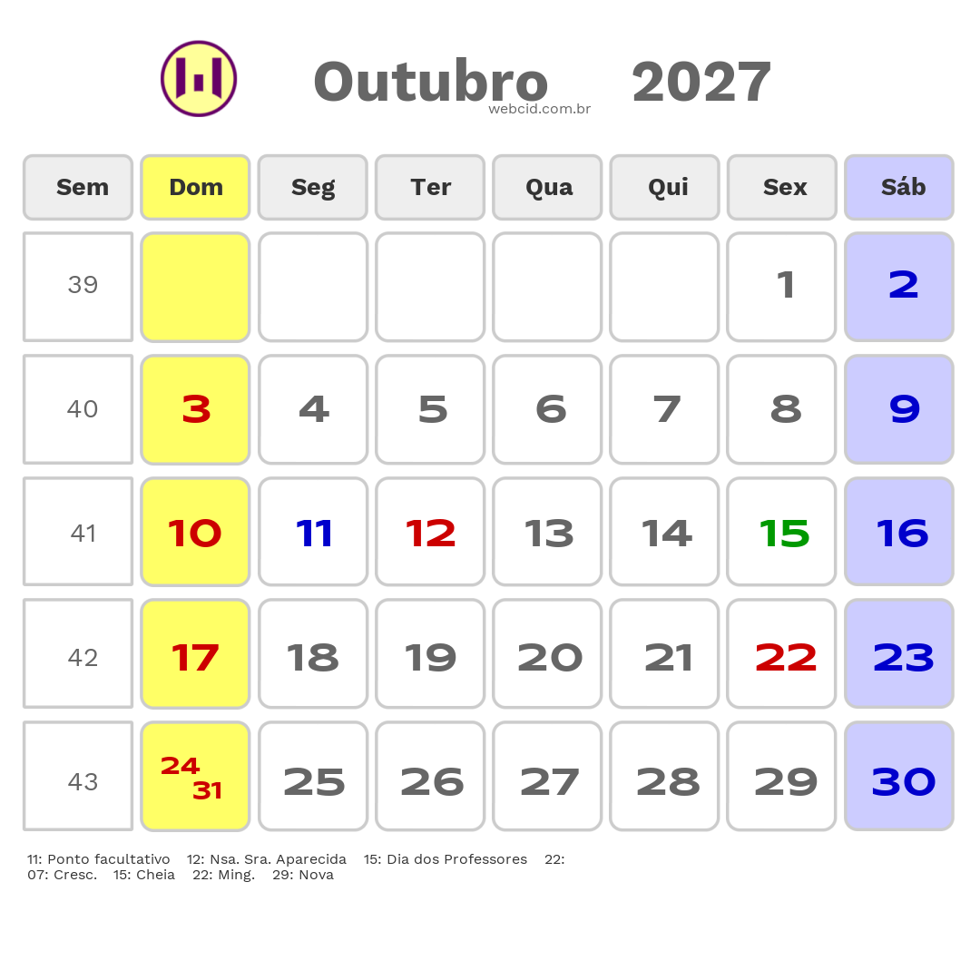 Calendário 2027 - Outubro - Timbiras-MA com feriados e fases da lua