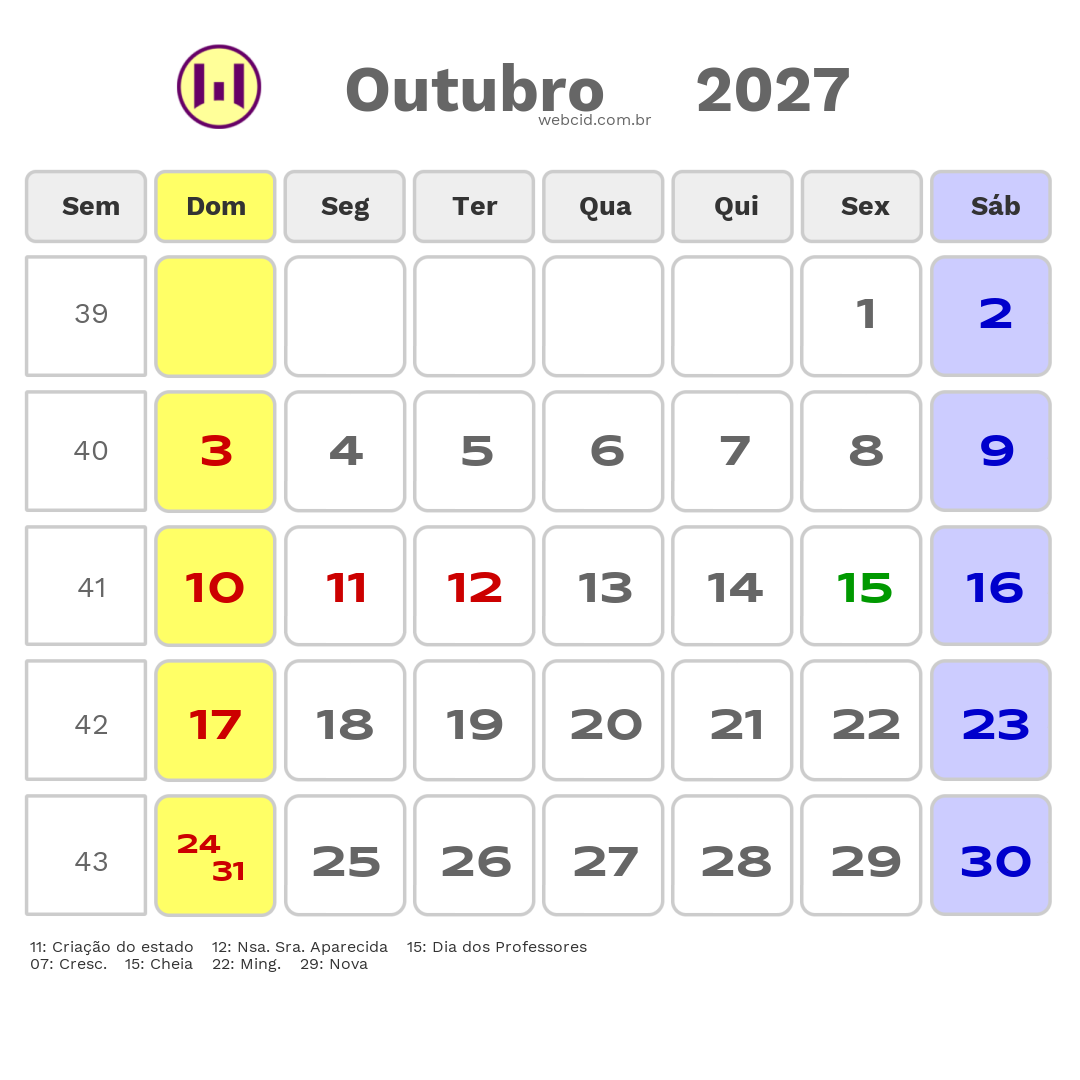 Calendário 2027 - Outubro - Dourados-MS com feriados e fases da lua