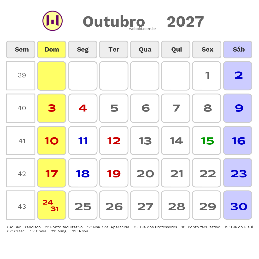 Calendário 2027 - Outubro - Paranaíba-MS com feriados e fases da lua