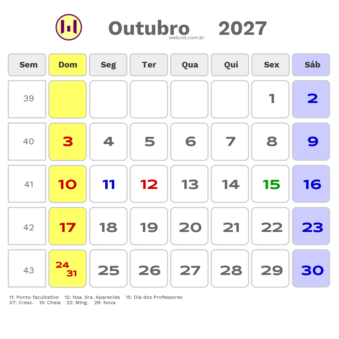 Calendário 2027 - Outubro - Betim-MG com feriados e fases da lua