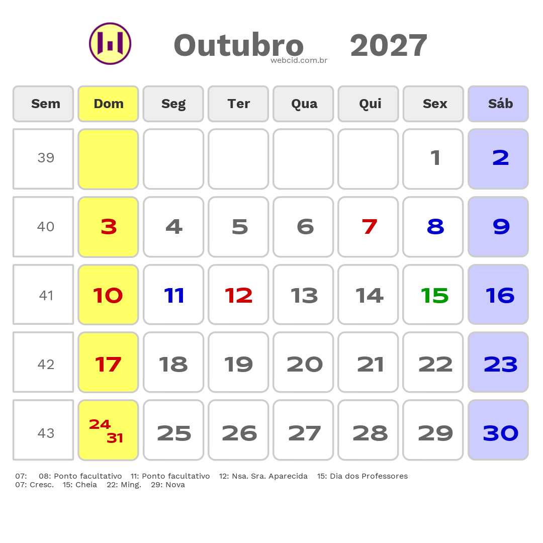 Calendário 2027 - Outubro - Uba-MG com feriados e fases da lua