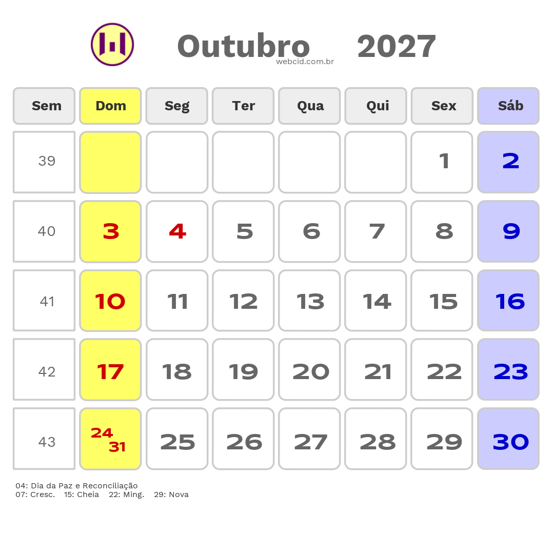 Calendário 2027 - Outubro - Moçambique com feriados e fases da lua