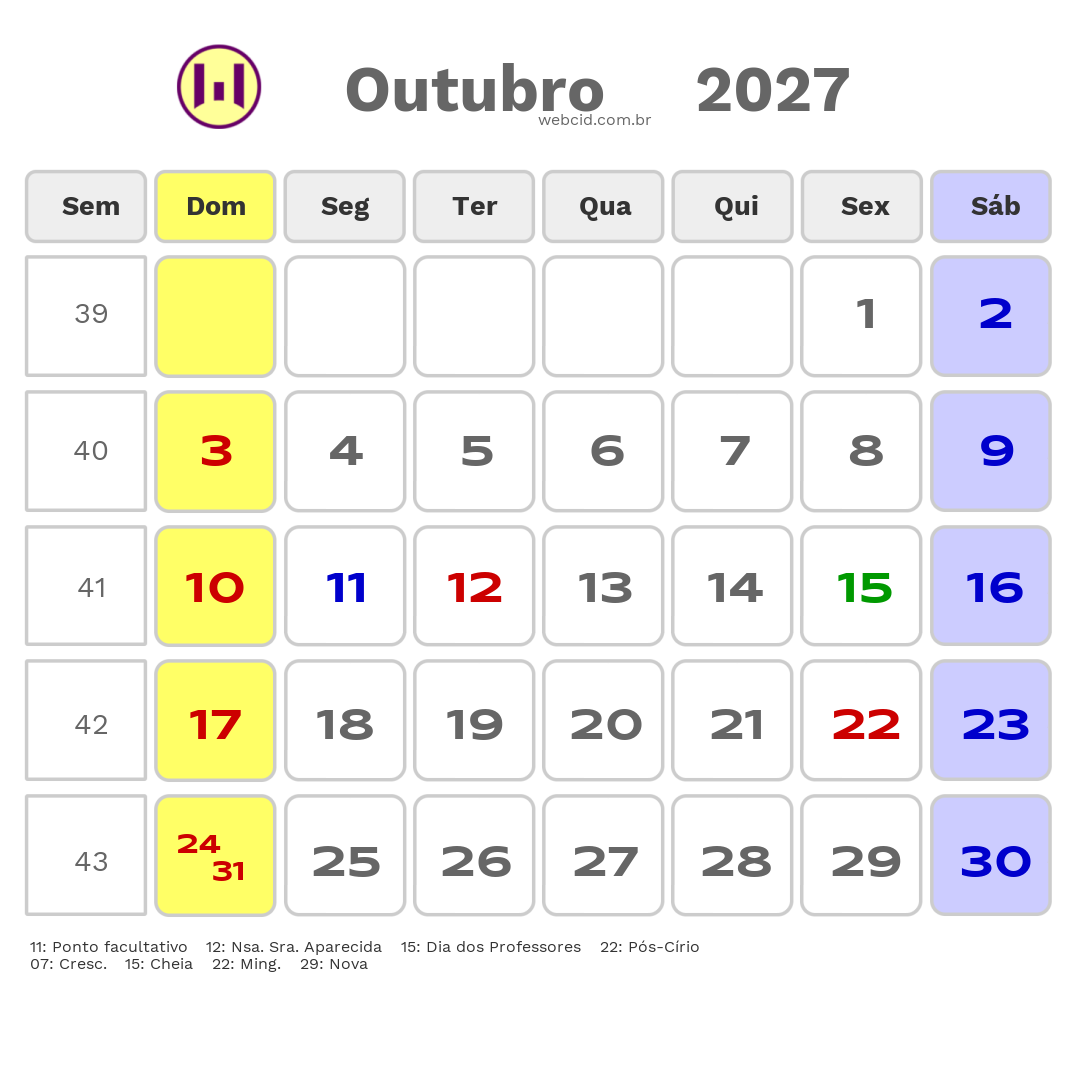 Calendário 2027 - Outubro - Castanhal-PA com feriados e fases da lua