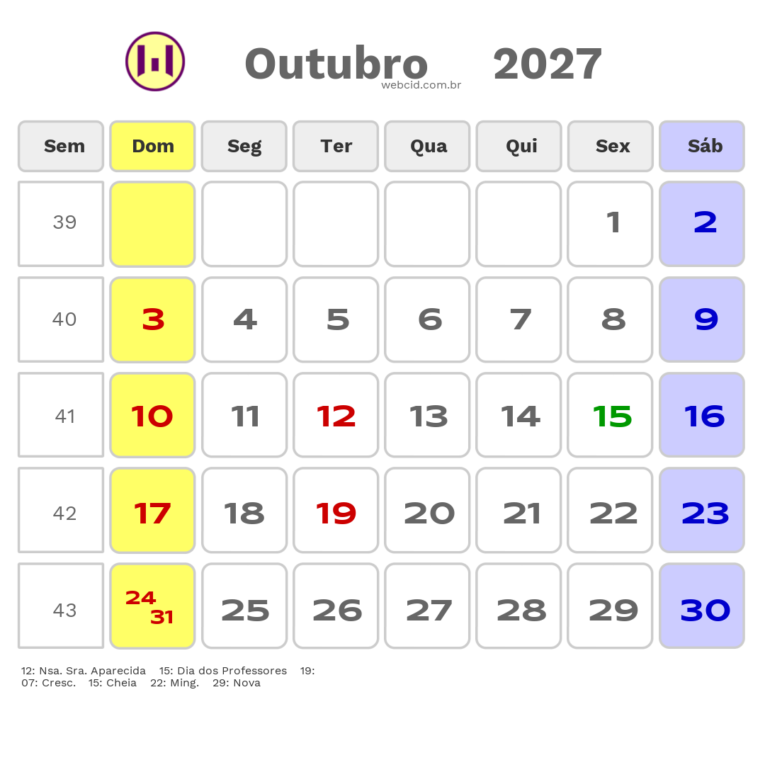 Calendário 2027 - Outubro - Jacarau-PB com feriados e fases da lua