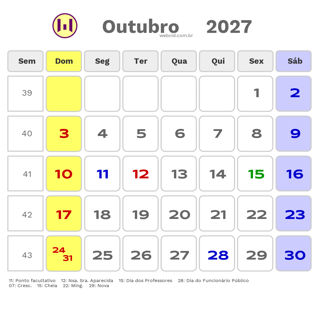 Calendário 2027 - Outubro - Curitiba-PR com feriados e fases da lua