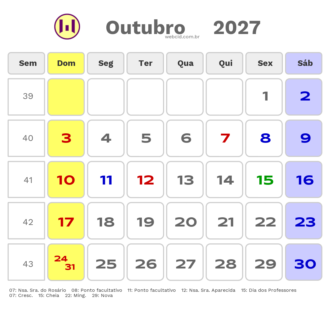 Calendário 2027 - Outubro - Paranaguá-PR com feriados e fases da lua