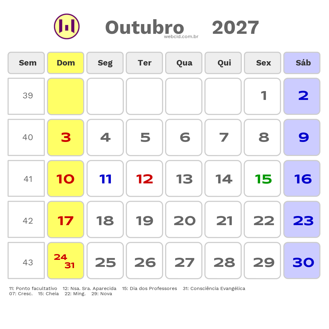 Calendário 2027 - Outubro - Abreu e Lima-PE com feriados e fases da lua